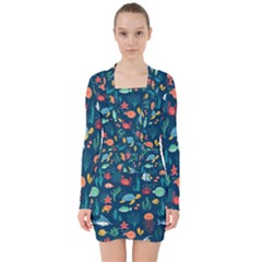 Variety Of Fish Illustration Turtle Jellyfish Art Texture V-neck Bodycon Long Sleeve Dress by Grandong