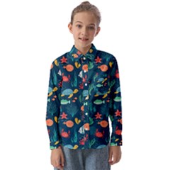 Variety Of Fish Illustration Turtle Jellyfish Art Texture Kids  Long Sleeve Shirt by Grandong