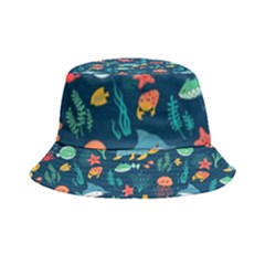 Variety Of Fish Illustration Turtle Jellyfish Art Texture Inside Out Bucket Hat by Grandong