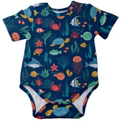 Variety Of Fish Illustration Turtle Jellyfish Art Texture Baby Short Sleeve Bodysuit by Grandong