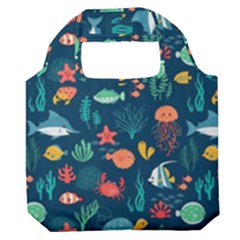Variety Of Fish Illustration Turtle Jellyfish Art Texture Premium Foldable Grocery Recycle Bag
