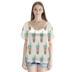 Cute boba V-Neck Flutter Sleeve Top