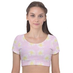 Mazipoodles Bold Daisies Pink Velvet Short Sleeve Crop Top  by Mazipoodles