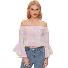 Mazipoodles Bold Daisies Pink Off Shoulder Flutter Bell Sleeve Top by Mazipoodles