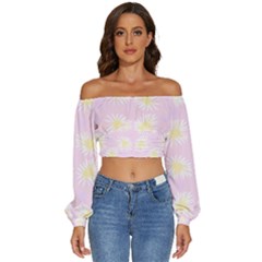 Mazipoodles Bold Daisies Pink Long Sleeve Crinkled Weave Crop Top by Mazipoodles