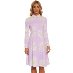 Mazipoodles Bold Daisies Pink Long Sleeve Shirt Collar A-line Dress by Mazipoodles