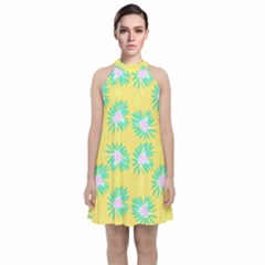 Mazipoodles Bold Daises Yellow Velvet Halter Neckline Dress 