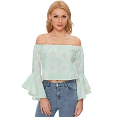 Mazipoodles Bold Daisies Spearmint Off Shoulder Flutter Bell Sleeve Top by Mazipoodles