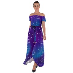 Realistic Night Sky With Constellations Off Shoulder Open Front Chiffon Dress by Cowasu