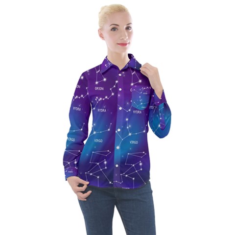 Realistic Night Sky With Constellations Women s Long Sleeve Pocket Shirt by Cowasu