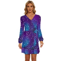 Realistic Night Sky With Constellations Long Sleeve Waist Tie Ruffle Velvet Dress by Cowasu