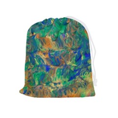 Blue On Green Flow Drawstring Pouch (xl) by kaleidomarblingart