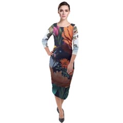 Crocodile Vs Monkey Watercolor 1 Dreamshaper V7 3d Floral 0 Quarter Sleeve Midi Velour Bodycon Dress by mohdmosin2535