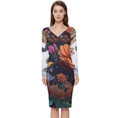 Crocodile Vs Monkey Watercolor 1 Dreamshaper V7 3d Floral 0 Long Sleeve V-neck Bodycon Dress  by mohdmosin2535