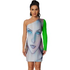 Woman  Sketch With Blue Eyes Design Long Sleeve One Shoulder Mini Dress