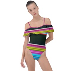 Horizontal Line Colorful Frill Detail One Piece Swimsuit by Grandong