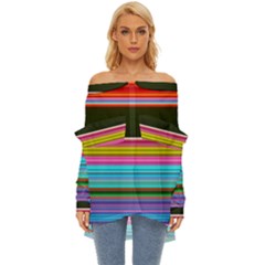 Horizontal Line Colorful Off Shoulder Chiffon Pocket Shirt by Grandong
