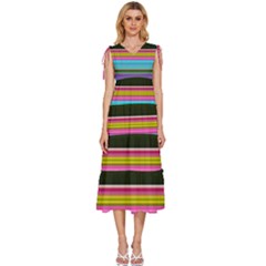 Horizontal Line Colorful V-Neck Drawstring Shoulder Sleeveless Maxi Dress