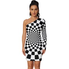 Geomtric Pattern Illusion Shapes Long Sleeve One Shoulder Mini Dress