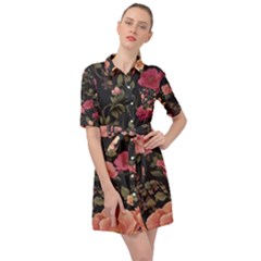 Flower Pattern Belted Shirt Dress by Grandong