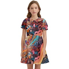 Pattern Abstract Kids  Bow Tie Puff Sleeve Dress by Grandong