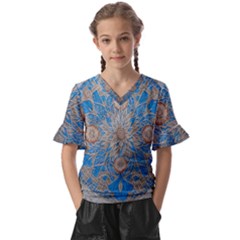 Flower Mandala Pattern Kids  V-neck Horn Sleeve Blouse by Grandong