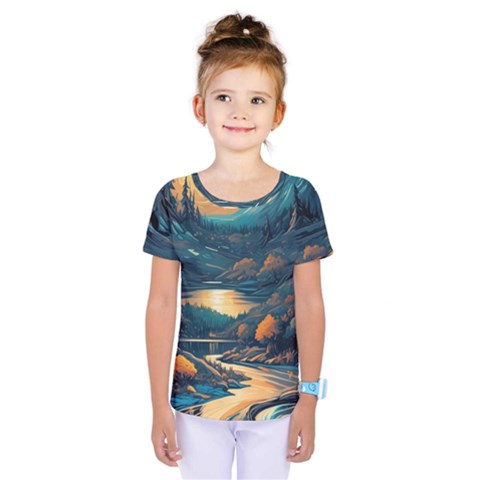 Forest River Night Evening Moon Kids  One Piece Tee by pakminggu