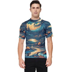 Forest River Night Evening Moon Men s Short Sleeve Rash Guard