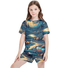 Forest River Night Evening Moon Kids  Tee And Sports Shorts Set by pakminggu