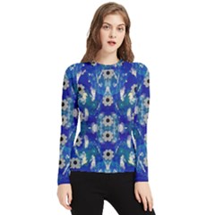 Oilpainting Blue Flowers In The Peaceful Night Women s Long Sleeve Rash Guard by pepitasart