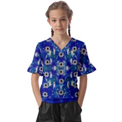 Oilpainting Blue Flowers In The Peaceful Night Kids  V-neck Horn Sleeve Blouse by pepitasart