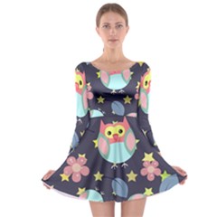 Owl-stars-pattern-background Long Sleeve Skater Dress