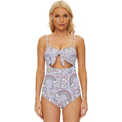 Seamless-pattern-with-cute-rabbit-character Knot Front One-piece Swimsuit by pakminggu