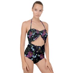 Embroidery-trend-floral-pattern-small-branches-herb-rose Scallop Top Cut Out Swimsuit by pakminggu