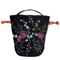 Embroidery-trend-floral-pattern-small-branches-herb-rose Drawstring Bucket Bag by pakminggu