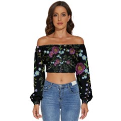 Embroidery-trend-floral-pattern-small-branches-herb-rose Long Sleeve Crinkled Weave Crop Top by pakminggu