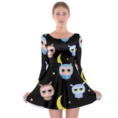 Cute-owl-doodles-with-moon-star-seamless-pattern Long Sleeve Skater Dress