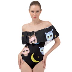 Cute-owl-doodles-with-moon-star-seamless-pattern Off Shoulder Velour Bodysuit  by pakminggu