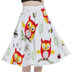 Seamless-pattern-vector-owl-cartoon-with-bugs A-line Full Circle Midi Skirt With Pocket