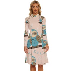 Seamless-pattern-owls-dream-cute-style-pajama-fabric Long Sleeve Shirt Collar A-line Dress by pakminggu