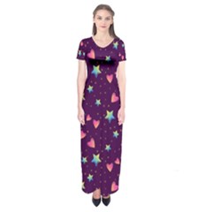 Colorful-stars-hearts-seamless-vector-pattern Short Sleeve Maxi Dress by pakminggu