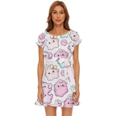 Cute-doodle-cartoon-seamless-pattern Puff Sleeve Frill Dress by pakminggu