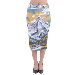 Nature Mountains Landscape Forest Velvet Midi Pencil Skirt