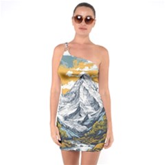 Nature Mountains Landscape Forest One Shoulder Ring Trim Bodycon Dress