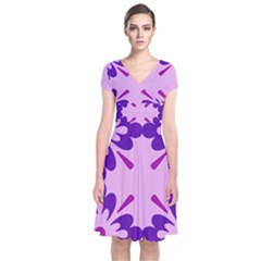 Pink And Purple Flowers Pattern Short Sleeve Front Wrap Dress