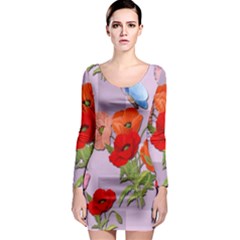 Seamless Pattern With Roses And Butterflies Long Sleeve Bodycon Dress