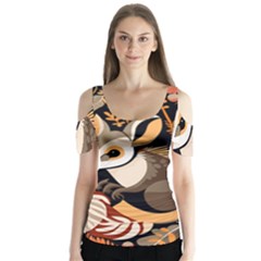 Vintage Possum Pattern Butterfly Sleeve Cutout T-shirt 