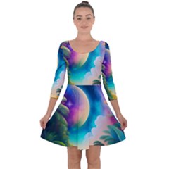 Jungle Moon Light Plants Space Quarter Sleeve Skater Dress