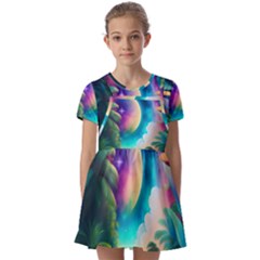 Jungle Moon Light Plants Space Kids  Short Sleeve Pinafore Style Dress by uniart180623