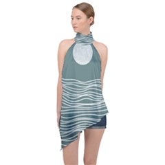 Sea Waves Moon Water Boho Halter Asymmetric Satin Top